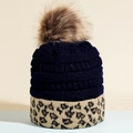 Winter leopard print beanie with black knit texture and brown faux fur pom-pom - M (56-58cm) / Navy Blue