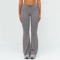 High waist flared yoga pants in grey with V-shaped crossover pleated waistband design - S / Bottoms / Dark Grey