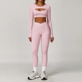 Pink color-block yoga set featuring long sleeve cutout crop top and cross waist leggings - S / Top And Bottom / Long Sleeve + Leggings / Peach Pink