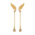 Detailed view of gold wing earrings featuring hanging chains and clear teardrop zircons - Angel Wings Long