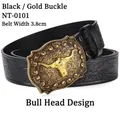Detail of 3.8cm black leather belt with golden bull head buckle and floral embossing - Black Gold Buckle (Bull Head)