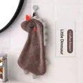 Cute brown dinosaur hanging hand towel made of thick absorbent coral fleece fabric - Small Dinosaur / Coffee