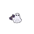 Dettaglio della spilla in smalto a forma di fantasma bianco con caramella viola per Halloween - Spilla Fantasma Bianco e Nero