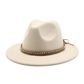 Classic cream wool felt jazz fedora hat with wide flat brim and gold beaded brown band - Beige