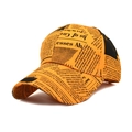 Orange baseball cap with black newspaper print pattern and classic curved brim style - Orange