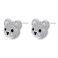 Detail shot of hip-hop teddy bear stud earrings with silver finish and colorful rhinestones - Bear Head / Platinum Color White Zirconia