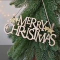 Red flocked wooden Merry Christmas sign with gold glitter stars on a festive tree - Wood Color Large Letter Board