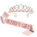 Detail of rose gold rhinestone tiara and pink glitter sash with Birthday Girl lettering - Rose Gold birthday girl Crown And Sash