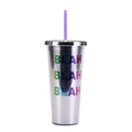 Silver leopard straw cup with purple straw featuring colorful BLAH BLAH BLAH print - Flat Lid C/Silver Blah