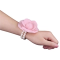 Pink fabric camellia flower wrist corsage with double-row pearl elastic bracelet band - Pink