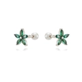 Detail of flower stud earrings with green marquise zircon petals and pearl screw backs - Silver-Green Zirconia