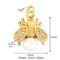 Bee pendant charm in gold alloy with white rhinestones and a large round pearl - Pearl Bee-Gold