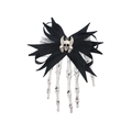 Gothic Halloween hair clip with silver skulls, black lace bow, and white skeleton fingers - Skull Hairpin - Vintage Skeleton Hand