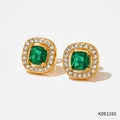 Elegant gold stainless steel earrings with square green zircon and crystal halo - Gold Green Zirconia