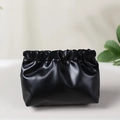 Portable black PU leather small cosmetic storage pouch with squeeze top spring closure - Small / Black