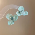 Elegant mint green flower stud earrings with beaded center hanging on a clear display - 7# Crystal Stamen Flower Style / Mint Green