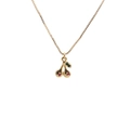 Detail of a gold plated cherry pendant with red and green crystals on a box chain - 0583YS-Cherry Pendant