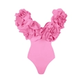 Close-up of 3D pink floral ruffles on a strapless solid one-piece swimsuit - S / Pink Swimsuit