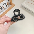 Black faux ostrich feather shark clip hair claw with rhinestone butterfly and bronze bead - Black Mink Fur Claw Clip Medium