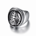 Vintage silver sailing ship signet ring with engraved rope border for men - US 7 / Antique Silver