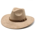 Sombrero fedora de gamuza beige con ala ancha y cinturón de cuero con hebilla de metal - M (56-59cm) / Caqui Claro Gamuza Sintética