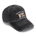 Close-up of NYC embroidery on vintage washed denim baseball cap with distressed details - Black