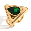 18K vergulde roestvrijstalen open ring met driehoekig frame en groene peervormige steen - Goud - Groen zirkoon