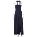 Detail of navy blue halter neck dress with side slit and elegant draped fabric - S / Dark Blue