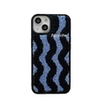 Blue and black embroidered wavy pattern plush phone case with favorite text - Wave Pattern Plush Embroidery