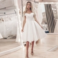 Elegant white off-shoulder satin cocktail dress with flared skirt and high waist silhouette - S(US 2) / Ivory