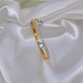 Elegant gold-plated bangle with dual-layer design featuring blue zircon stones on white silk - Bangle / Gold