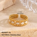 Adjustable golden stainless steel ring with white enamel leaf design and beaded edge - Gold/Bohemian Beaded Edge