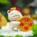 Cute white Maneki Neko lucky cat figurine holding a gold coin on moss and stones - Gold Coin Hug Cat