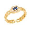 Goud vergulde Cubaanse schakelring met rechthoekige blauwe zirkoon en witte diamanten - Open Verstelbaar / Blauw