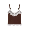 Camisola de punto marrón oscuro para mujer con encaje blanco y elegante escote en V - S / Café