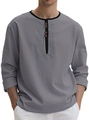 T-shirt Henley gris à manches longues pour homme en lin avec col plissé boutonné - S / Gris