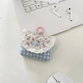 Hellblaue karierte Kopfhörertasche mit Spitze und rosa Ringhaken für Mädchen - Blau Kariert