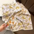 Silk square scarf with purple iris floral print on beige fabric held by hand - 70*70cm / 30123-Purple Artistic Iris