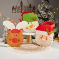 Three Christmas felt gift bags featuring elk, snowman, and Santa Claus cartoon designs - Set of 3 J8 J9 J10 Round Bottom Bag