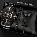 Detail of premium black men's watch set featuring steel band watch and cuban chain jewelry - Style 1 (No Box)