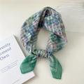 Green floral cotton linen scarf with vintage flower patterns tied as a stylish headband - 58*58cm / 12 Stripe Base-Hundred Flowers Green