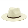 Detail of cream straw hat featuring brown leather band with vintage metal ornaments - M (56-58cm) / Cream