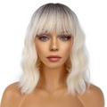 Short wavy blonde and white gradient wig with bangs on a model head stand - Ombre Light Gold