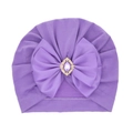 Purple baby turban hat featuring a large satin bow and a central sparkling gemstone - Light Purple