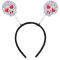 Halloween headband with silver sequin skulls and red heart eyes on black springs - 24# Glitter Skull