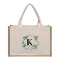 Linen canvas tote bag with butterfly floral wreath and letter K print in beige and tan - Butterfly Floral Letter K