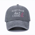 Dark gray washed cotton baseball cap featuring BOAT HAIR white embroidery and pink anchor - Washed Grey