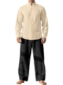 Men's cotton linen set with beige long sleeve Henley shirt and black loose trousers - Khaki + Black