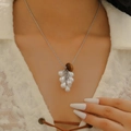 Silver snake chain necklace featuring a grape-shaped pearl pendant and tiger eye bead - White Artificial Pearl Grape Brown Bead Style (4066)