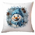 Christmas snowman pillow cover with watercolor blue hat and pine cone illustration - Smiling Snowman